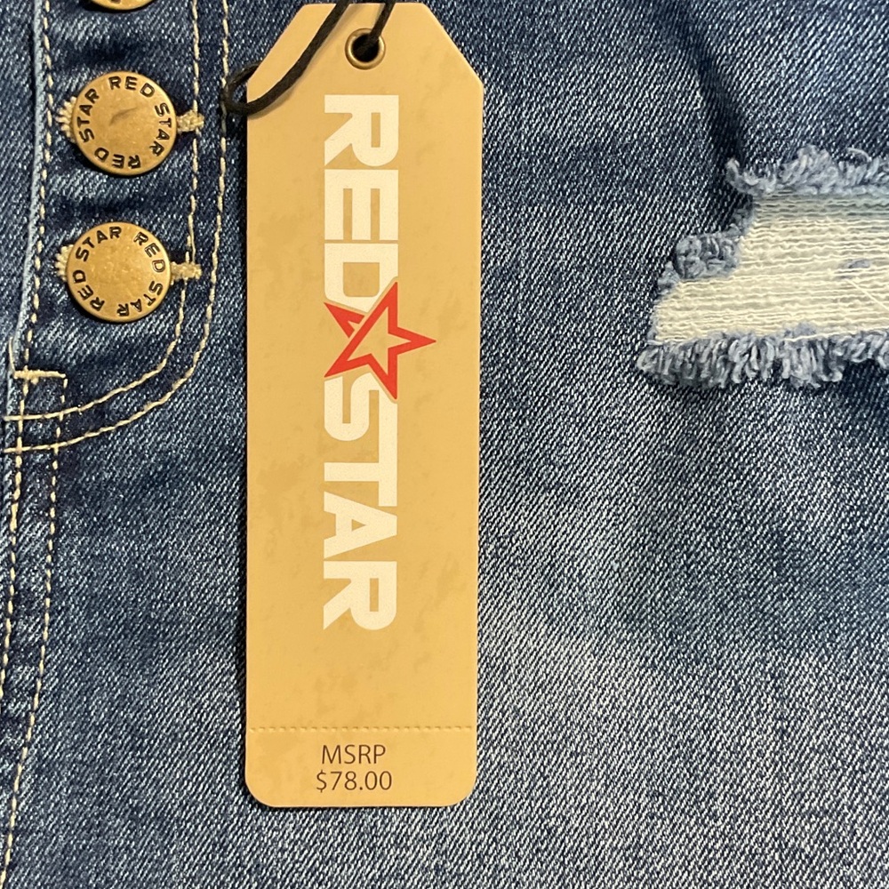 Red Star Button-Front Medium Blue Distressed Denim Mini Skirt Size 2 - Picture 10 of 16